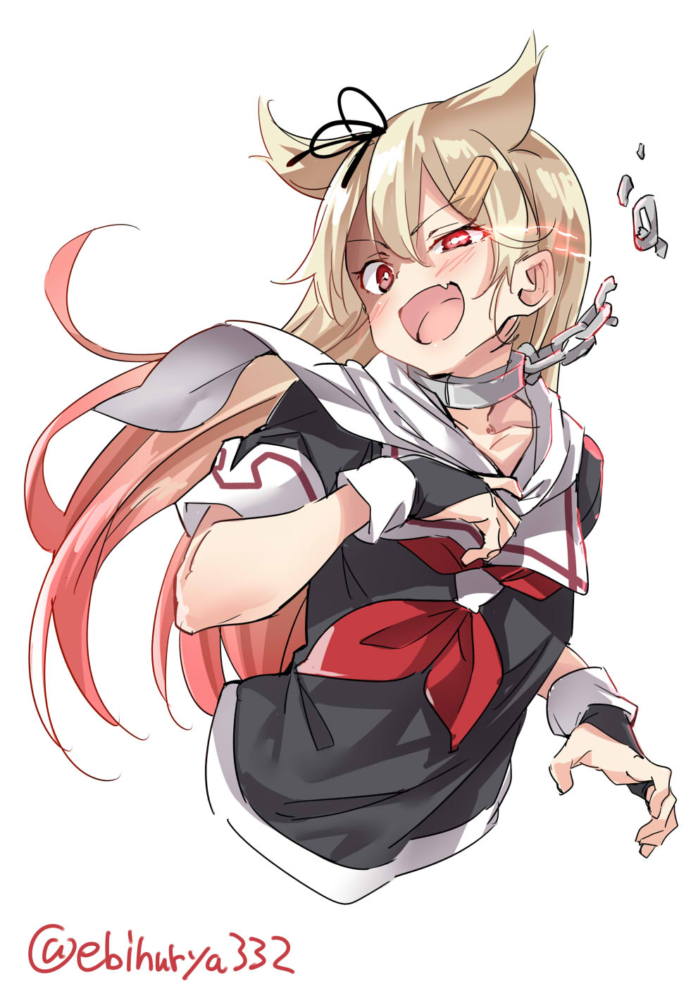 blonde_hair blush broken broken_chain chain collarbone commentary ebifurya eyebrows_visible_through_hair fang fingerless_gloves gloves gradient_hair hair_between_eyes hair_flaps hair_ornament hair_ribbon hairclip highres kantai_collection long_hair looking_at_viewer multicolored_hair neckerchief open_mouth red_eyes red_hair remodel_(kantai_collection) ribbon scarf school_uniform serafuku short_sleeves simple_background solo twitter_username white_background yuudachi_(kantai_collection)