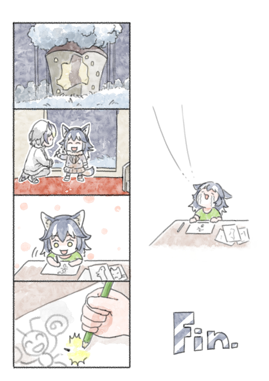 4koma animal_ears broken_pencil comic crying drawing grey_wolf_(kemono_friends) highres kemono_friends left-to-right_manga multiple_girls murakami_kou_(raye) northern_white-faced_owl_(kemono_friends) pencil silent_comic streaming_tears tail tears wolf_ears wolf_tail younger