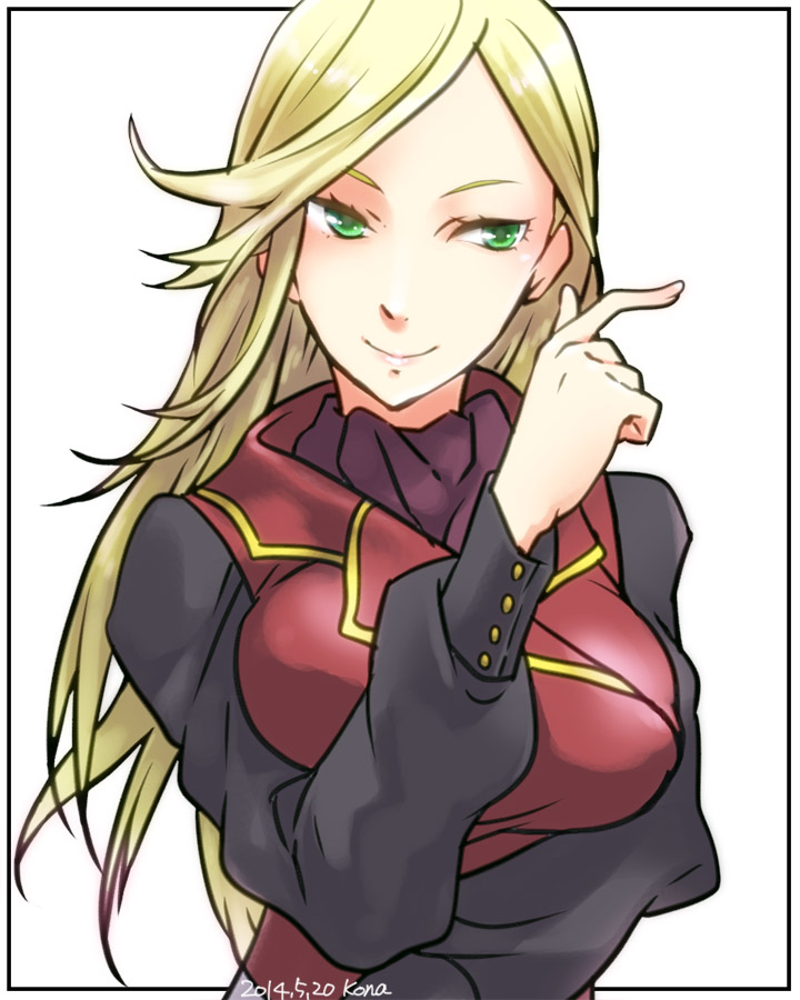 10s 1girl 2014 blonde_hair border breasts castlevania castlevania:_dawn_of_sorrow closed_mouth coat dated frame green_hair hand_gesture index_finger_raised kona_(silent913) long_hair long_sleeves smile solo yoko_belnades