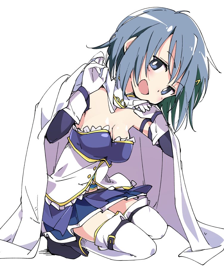 black_footwear blue_eyes blue_hair blue_skirt blush breasts cape cleavage elbow_gloves eyebrows_visible_through_hair frilled_shirt frills full_body gloves hair_ornament hairclip head_tilt ixy looking_at_viewer magical_girl mahou_shoujo_madoka_magica medium_breasts messy_hair midriff miki_sayaka open_mouth pleated_skirt seiza shirt short_hair simple_background sitting skirt smile solo soul_gem thighhighs white_background white_cape white_gloves white_legwear zettai_ryouiki