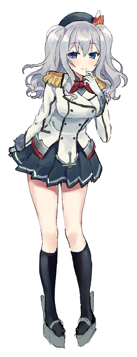 bangs black_legwear blue_eyes blue_hat blue_skirt bow bowtie breasts buttons closed_mouth epaulettes eyebrows_visible_through_hair full_body gloves hair_between_eyes hat hat_ribbon highres kantai_collection kashima_(kantai_collection) kneehighs legs_apart long_sleeves looking_at_viewer medium_breasts miniskirt modagoro pleated_skirt red_bow red_neckwear ribbon silver_hair simple_background skirt smile solo standing twintails white_background white_gloves