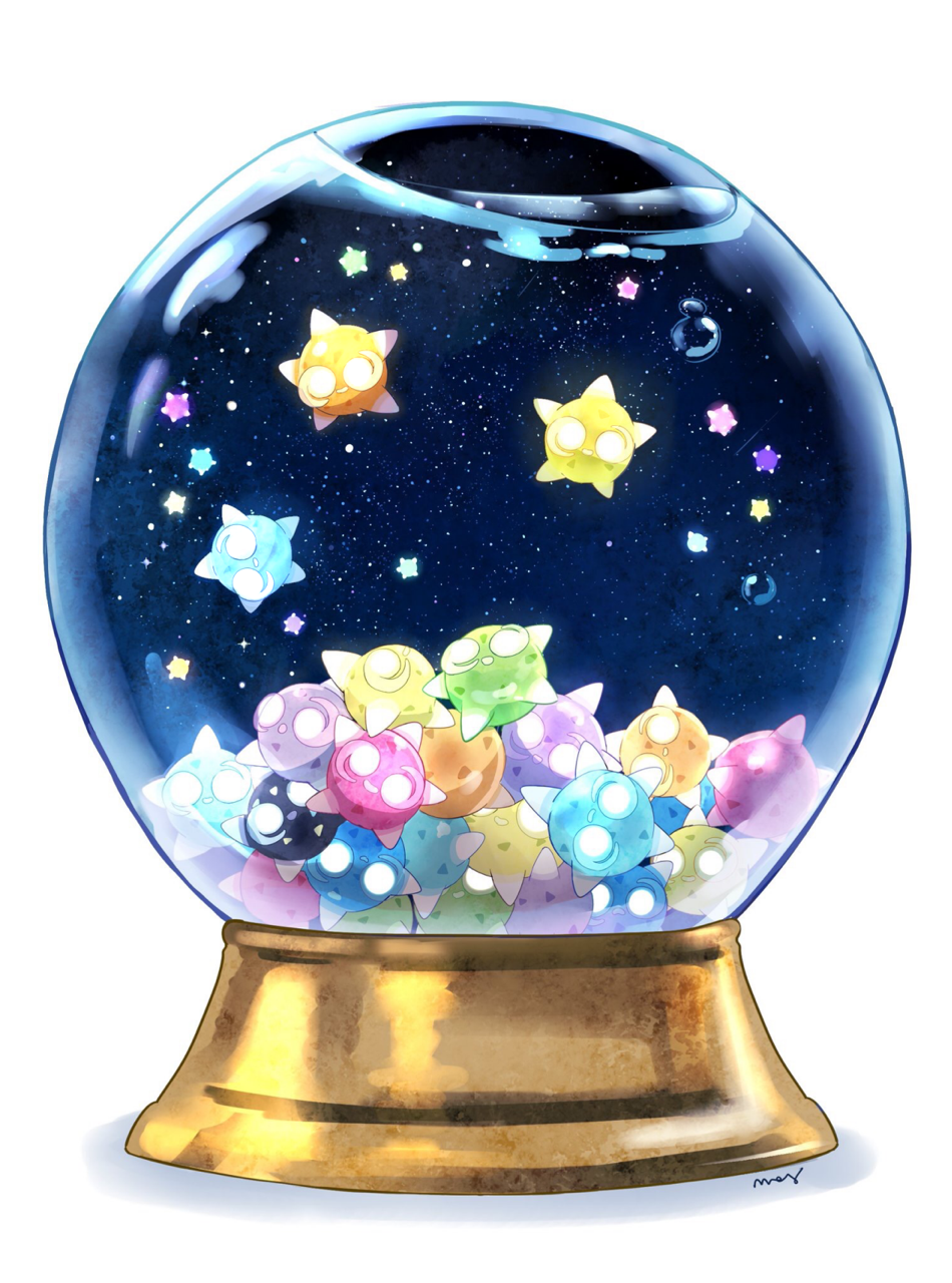 commentary english_commentary gen_7_pokemon highres mei_(maysroom) minior night night_sky no_humans pokemon pokemon_(creature) pokemon_(game) pokemon_sm signature simple_background sky snow_globe star star_(sky) starry_sky water white_background