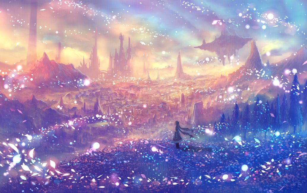 commentary_request fantasy field floating_hair floating_island from_side landscape long_hair low-tied_long_hair magic multicolored multicolored_sky original sakimori_(hououbds) scenery sky solo tower