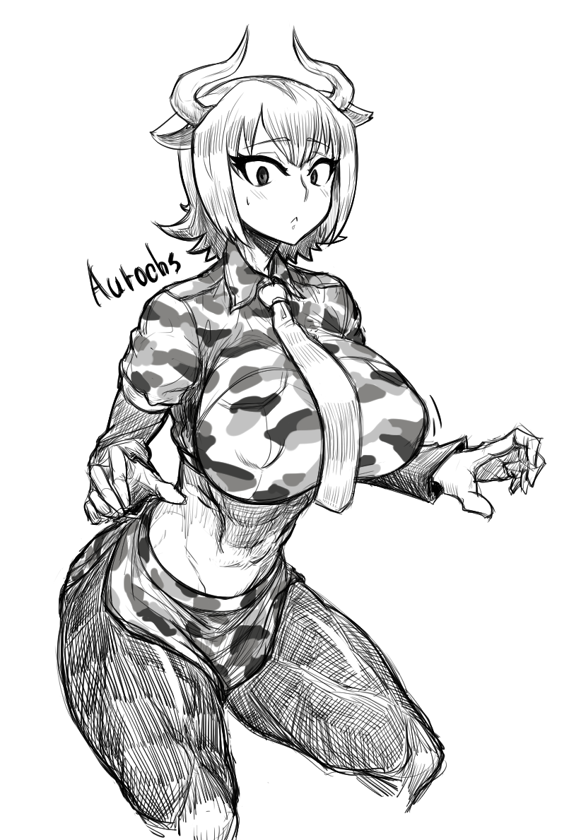 :&lt; abs animal_ears aurochs_(kemono_friends) breasts camouflage camouflage_shorts camouflage_skirt character_name closed_mouth collared_shirt covered_nipples cow_ears cowboy_shot crop_top cropped_legs cropped_shirt eyebrows_visible_through_hair greyscale hands_up horns impossible_clothes impossible_shirt kemono_friends large_breasts long_sleeves looking_at_viewer midriff miniskirt monochrome necktie no_tail pantyhose parallax05 shirt short_hair short_over_long_sleeves short_sleeves shorts simple_background skirt solo stomach thick_thighs thighs toned tsurime white_background wing_collar