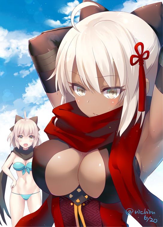 ahoge armpits arms_up bikini breasts cleavage cleavage_cutout cloud cloudy_sky commentary_request dark_skin day elbow_gloves fate/grand_order fate_(series) front-tie_bikini front-tie_top gloves grey_eyes hair_ornament hands_on_hips large_breasts looking_at_viewer multiple_girls nichiru okita_souji_(alter)_(fate) okita_souji_(fate) okita_souji_(fate)_(all) scarf short_hair sky sweat swimsuit tassel upper_body white_hair