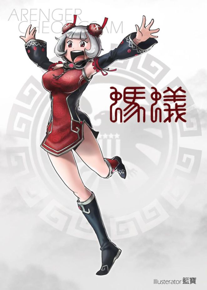 :d ant-man ant-man_(movie) black_footwear boots breasts brown_eyes bun_cover china_dress chinese_clothes detached_sleeves double_bun dress full_body genderswap genderswap_(mtf) grey_hair knee_boots large_breasts marvel open_mouth outstretched_arms silver_hair smile solo spread_arms wide_sleeves