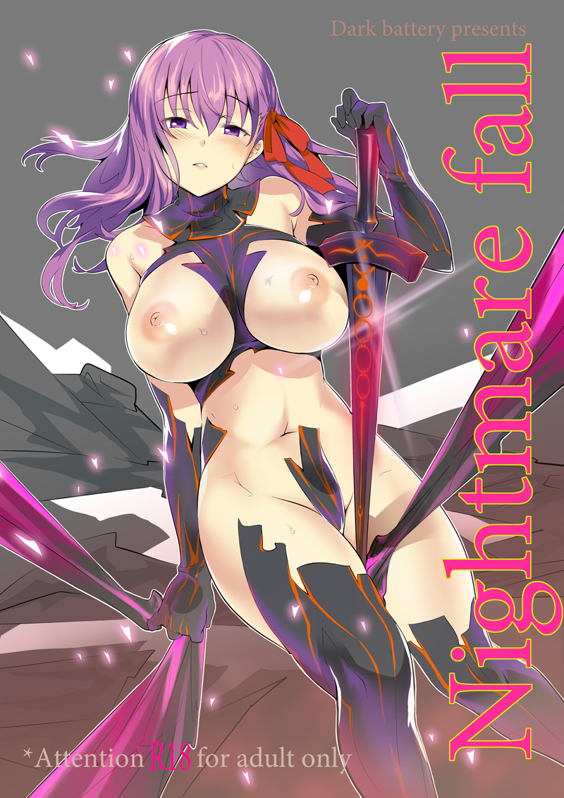 between_thighs black_gloves black_legwear bow breasts breasts_outside cover cover_page dark_sakura doujin_cover fate/stay_night fate_(series) gloves grey_background hair_bow large_breasts long_hair matou_sakura myouga nipples purple_eyes purple_hair raised_eyebrows rating red_bow shiny shiny_skin simple_background solo sword thighhighs weapon