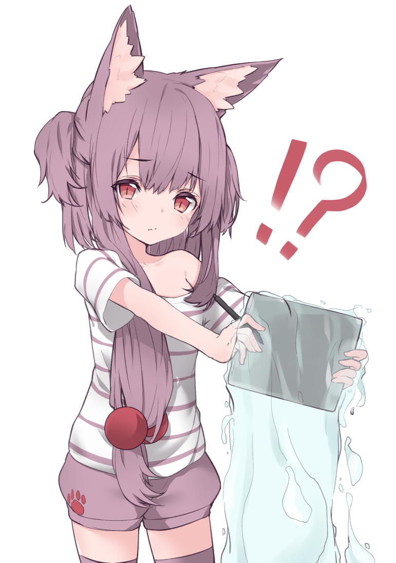 1girl animal_ears bad_id bad_pixiv_id brown_eyes brown_hair brown_legwear brown_shorts cat_ears commentary_request hair_bobbles hair_ornament holding long_hair off_shoulder original outstretched_arms paryi shirt shorts solo striped striped_shirt stylus tablet_pc thighhighs two_side_up water