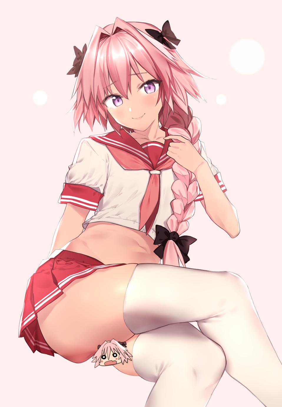 astolfo_(fate) bangs black_bow blush bow braid censored character_censor chibi closed_mouth collarbone commentary eyebrows_visible_through_hair fang fate/apocrypha fate/grand_order fate_(series) gradient gradient_background hair_between_eyes hair_bow hair_intakes highres hips long_braid long_hair looking_at_viewer male_focus midriff multicolored_hair navel neckerchief novelty_censor otoko_no_ko pink_background pink_hair pleated_skirt purple_eyes red_sailor_collar red_skirt remora180 ribbon sailor_collar school_uniform serafuku shirt short_sleeves single_braid skirt smile solo streaked_hair thighhighs thighs white_legwear white_shirt