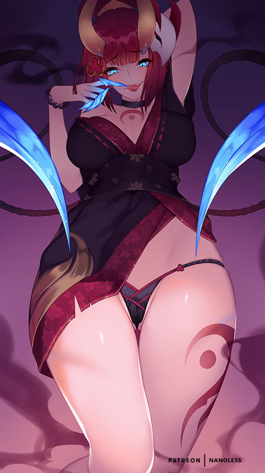 :p arm_behind_head bead_bracelet beads black_choker blue_eyes bracelet breasts cameltoe choker claws commentary demon_girl demon_horns english_commentary evelynn eyebrows_visible_through_hair finger_licking horns jewelry large_breasts league_of_legends licking looking_at_viewer nanoless panties red_hair solo tattoo thigh_gap thighs tongue tongue_out underwear