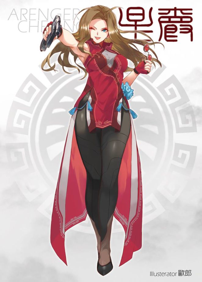 ;d artist_request avengers:_infinity_war blue_eyes brown_hair china_dress chinese_clothes dress earrings eyewear_removed fingerless_gloves floating_hair full_body genderswap genderswap_(mtf) gloves guardians_of_the_galaxy gun holding holding_eyewear jewelry long_hair marvel one_eye_closed open_mouth pantyhose peter_quill red-tinted_eyewear red_gloves smile solo weapon