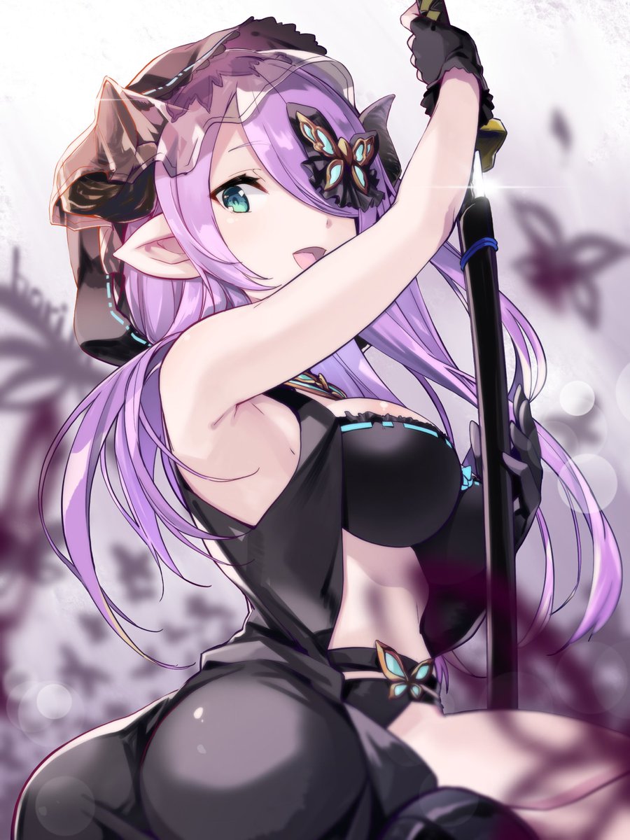 alternate_costume ass bare_shoulders black_gloves blue_eyes breasts butterfly_hair_ornament draph gloves granblue_fantasy hair_ornament hair_over_one_eye highres horns katana large_breasts lavender_hair long_hair narmaya_(granblue_fantasy) nino_(shira) open_mouth pointy_ears sheath sitting smile solo sword thighs unsheathing veil weapon