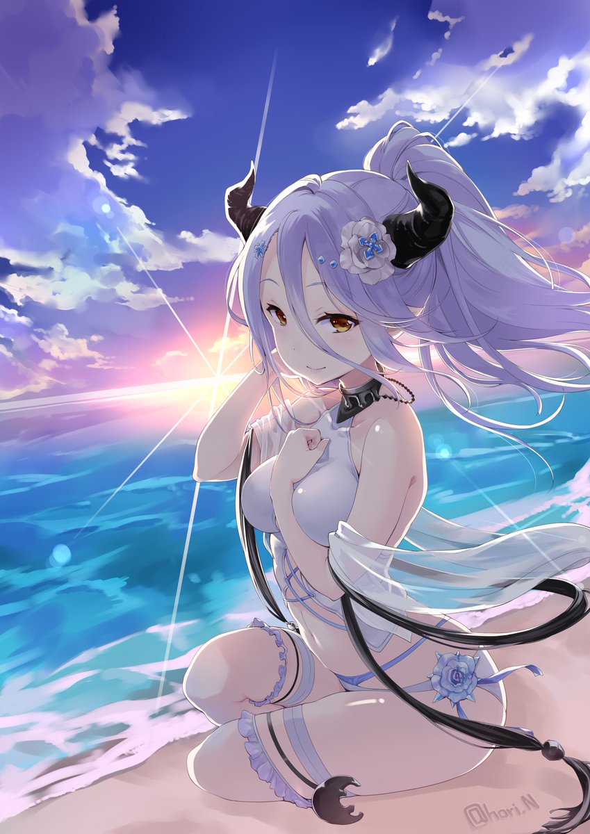 bangs bare_shoulders beach blue_hair blue_ribbon blue_sky blush breasts collarbone draph flower granblue_fantasy hair_between_eyes hair_flower hair_ornament halterneck hand_in_hair highres hips horns izmir large_breasts leg_garter long_hair looking_at_viewer mole mole_under_mouth navel nino_(shira) ocean pointy_ears ponytail red_eyes ribbon sash sitting sky smile snowflake_hair_ornament solo sunlight swimsuit thigh_strap thighs white_swimsuit
