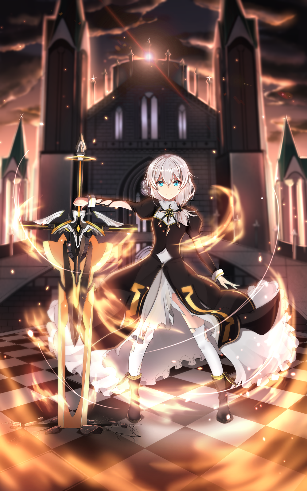aircell ankle_boots bangs benghuai_xueyuan black_footwear blue_eyes blurry blurry_background boots breasts building checkered checkered_floor church closed_mouth commentary damaged dress expressionless eyebrows_visible_through_hair hair_between_eyes hair_over_shoulder highres holding holding_sword holding_weapon honkai_impact juliet_sleeves light_particles long_hair long_sleeves long_sword looking_at_viewer puffy_sleeves silver_hair solo sunset sword theresa_apocalypse thighhighs tied_hair torn_clothes weapon white_legwear wind wind_lift