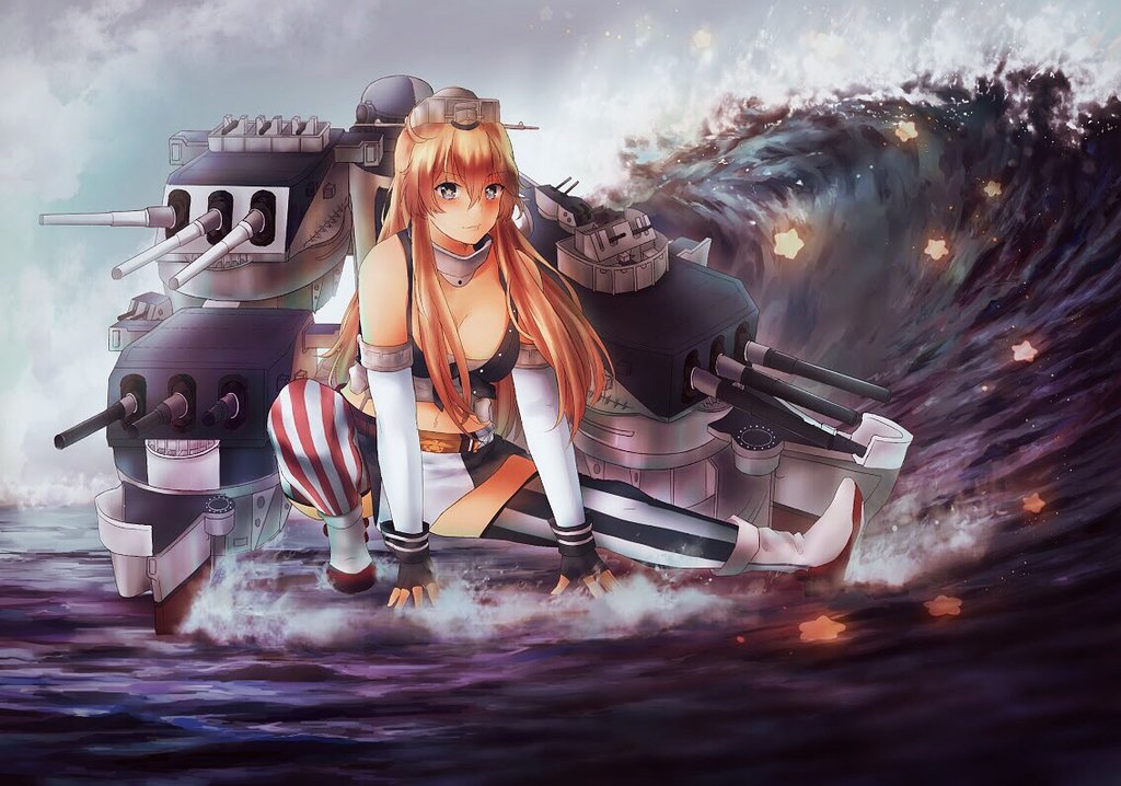 1girl blonde_hair blue_eyes breasts cannon elbow_gloves fingerless_gloves front-tie_top full_body garter_straps gloves hair_between_eyes headgear iowa_(kantai_collection) jasbrina kantai_collection large_breasts looking_at_viewer machinery miniskirt mismatched_legwear ocean skirt solo standing standing_on_liquid star star-shaped_pupils striped striped_legwear symbol-shaped_pupils thighhighs turret vertical-striped_legwear vertical_stripes water waves