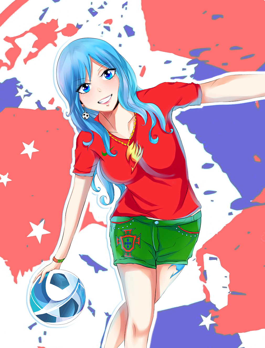 1girl 2018_fifa_world_cup ball bangs blue_eyes blue_hair earrings fairy_tail green_shorts holding juvia_lockser long_hair necklace portugal red_shirt smile soccer soccer_uniform solo trousers world_cup