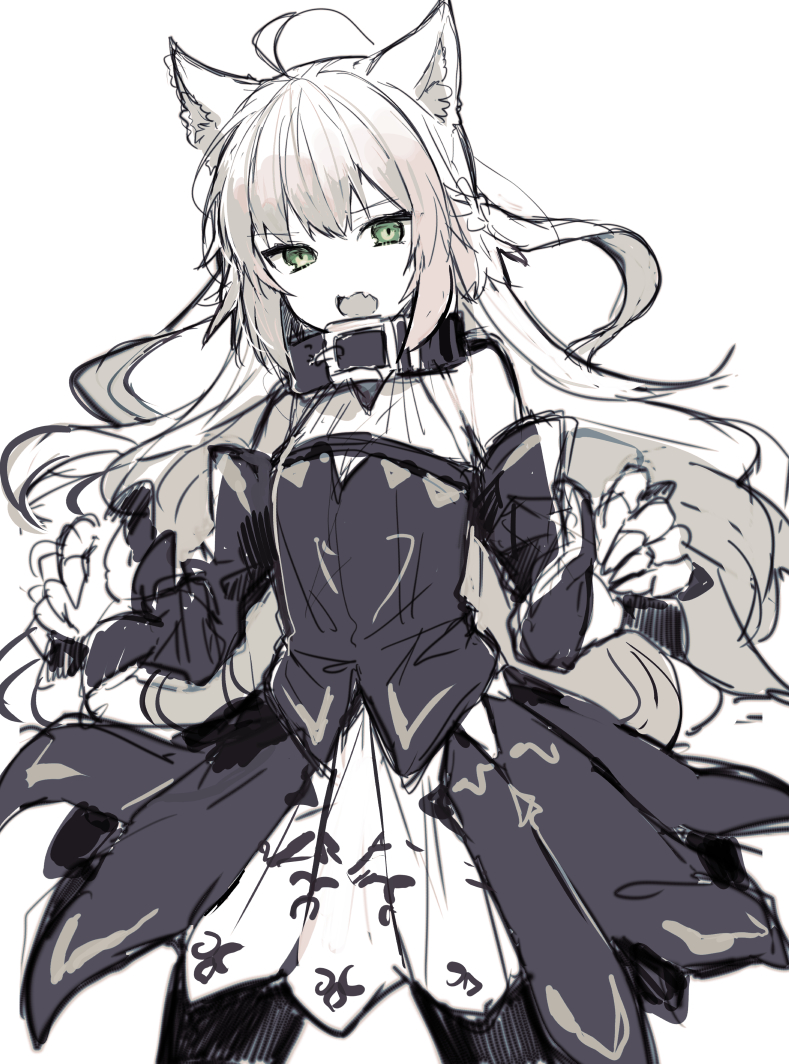 agrius_metamorphosis ahoge animal_ears atalanta_(alter)_(fate) atalanta_(fate) bare_shoulders black_legwear black_skirt black_vest blonde_hair braid cat_ears detached_sleeves fang fate/apocrypha fate_(series) flat_chest french_braid green_eyes ikeuchi_tanuma legs_apart long_hair long_sleeves looking_at_viewer open_mouth pantyhose simple_background sketch skirt solo vest white_background