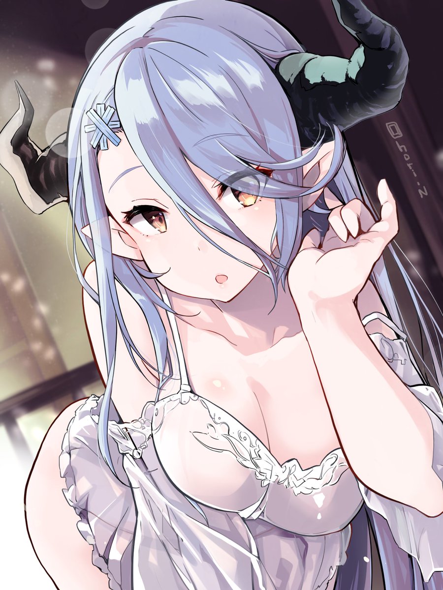 adjusting_hair bare_shoulders blue_hair breasts brown_eyes cleavage commentary draph dress gown granblue_fantasy hair_between_eyes hair_ornament hair_over_one_eye highres hips horns izmir large_breasts lingerie long_hair morning nino_(shira) open_mouth pointy_ears see-through snowflake_hair_ornament solo underwear very_long_hair