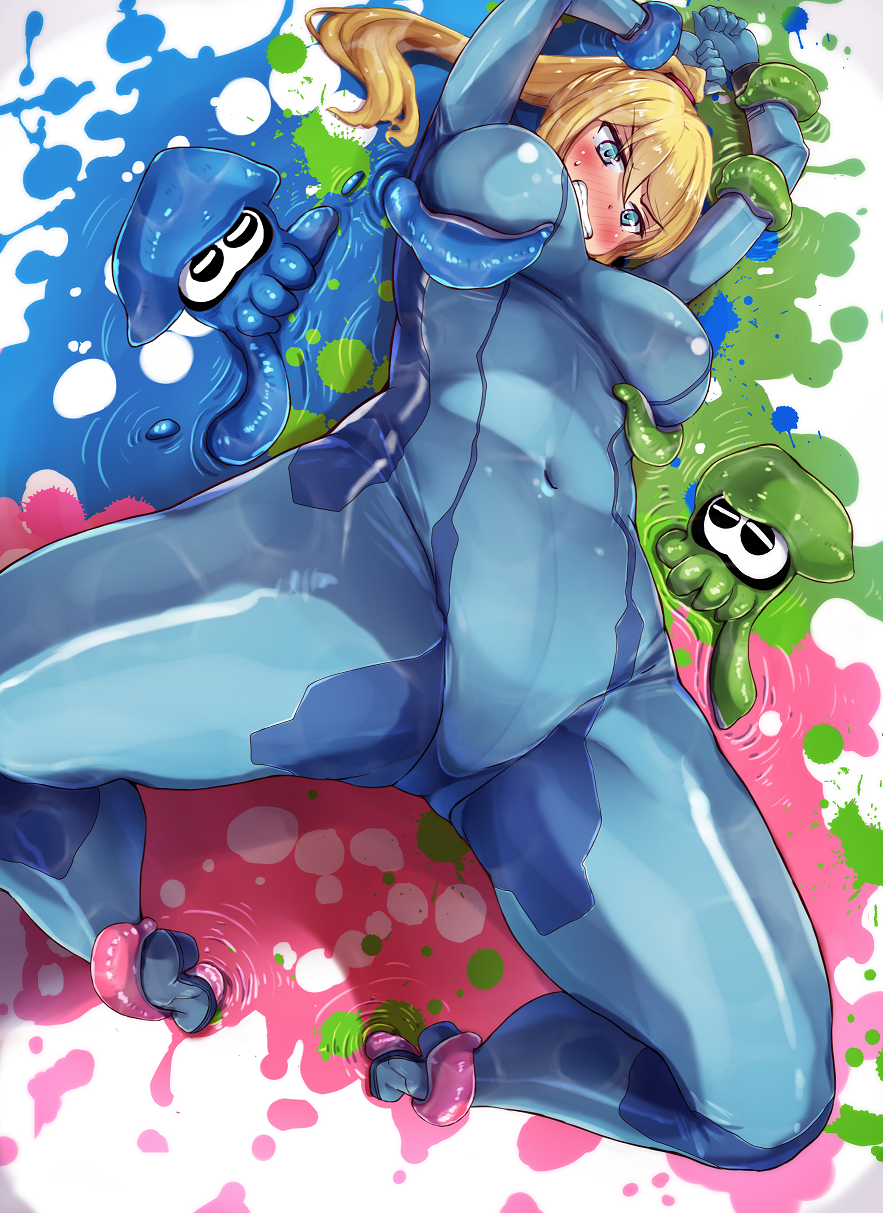 ass_visible_through_thighs blonde_hair blue_eyes bodysuit bound bound_arms bound_legs breasts clenched_teeth commentary_request covered_navel eyebrows_visible_through_hair high_heels highres ink inkling lying metroid nintendo on_back ponytail samus_aran skin_tight splatoon_(series) splatoon_1 squid super_smash_bros. super_smash_bros._ultimate teeth tentacles yuzumiya_mono zero_suit