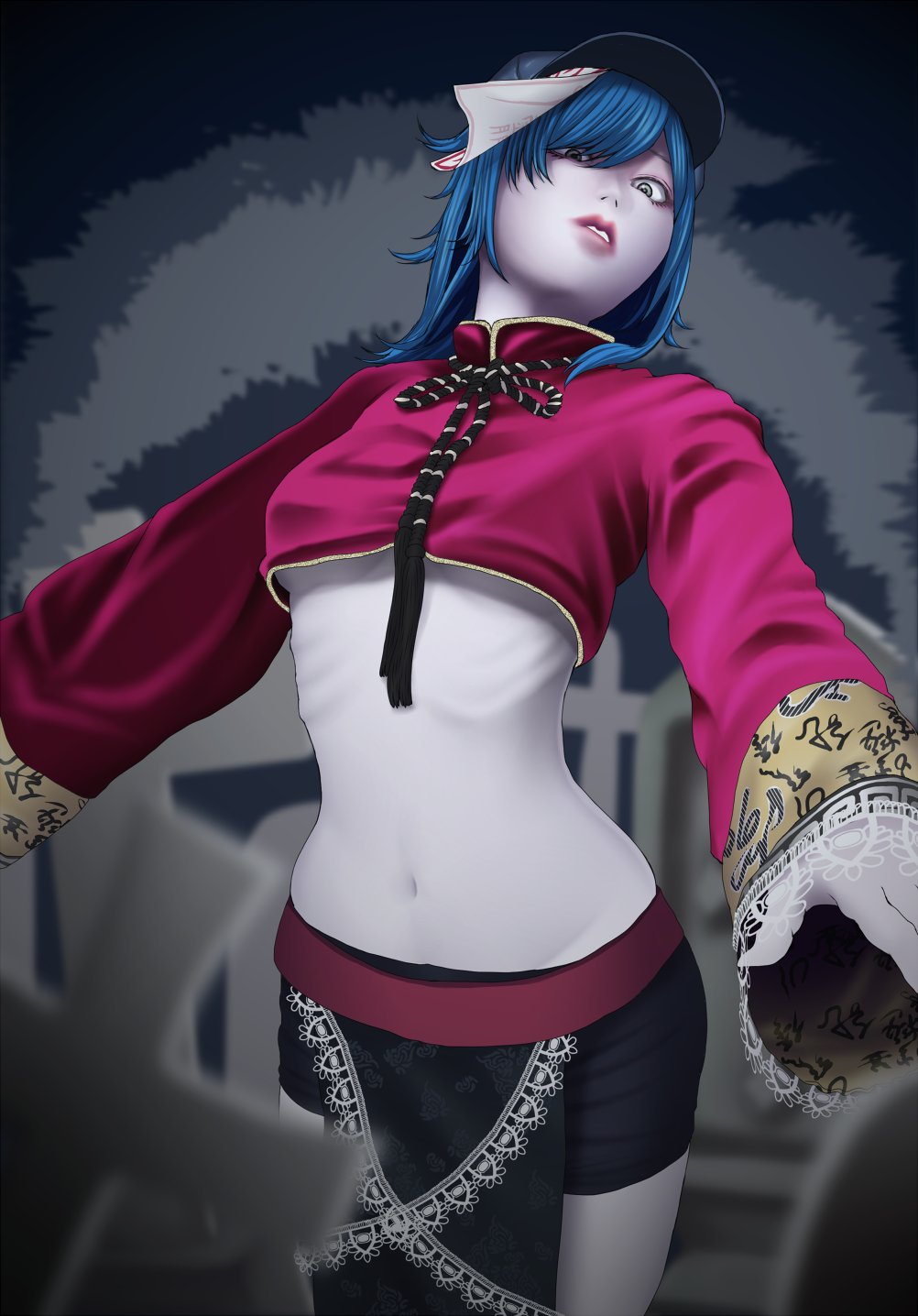 alternate_costume belt blue_hair blue_hat blurry chinese_clothes commentary_request cross depth_of_field fence graveyard grey_eyes hair_over_one_eye hat head_tilt highres jiangshi long_sleeves medium_hair miyako_yoshika navel nicutoka night night_sky ofuda outstretched_arms pale_skin photo-referenced ribbon ribs shorts silhouette sky solo tombstone touhou tree wide_sleeves zombie_pose