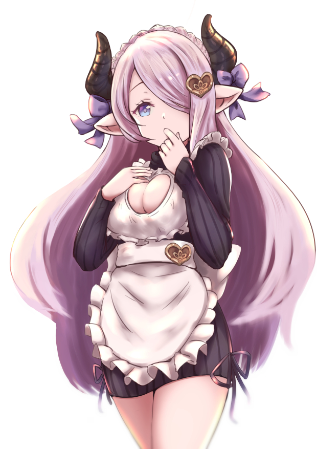 apron blue_eyes braid breasts cleavage_cutout commentary_request draph french_braid frills granblue_fantasy hair_over_one_eye hand_on_own_face horns kagarino_hikaru large_breasts lavender_hair long_hair narmaya_(granblue_fantasy) pointy_ears ribbon sweater thighs turtleneck turtleneck_sweater