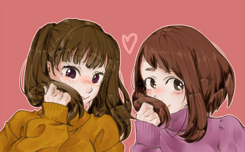 bangs blunt_bangs blush boku_no_hero_academia brown_eyes brown_hair crossover diane_(nanatsu_no_taizai) long_sleeves looking_at_viewer mimoza_(kannapp2001) multiple_girls nanatsu_no_taizai nose_blush orange_sweater pink_background pink_lips pink_sweater purple_eyes sketch smile sweater twintails uraraka_ochako