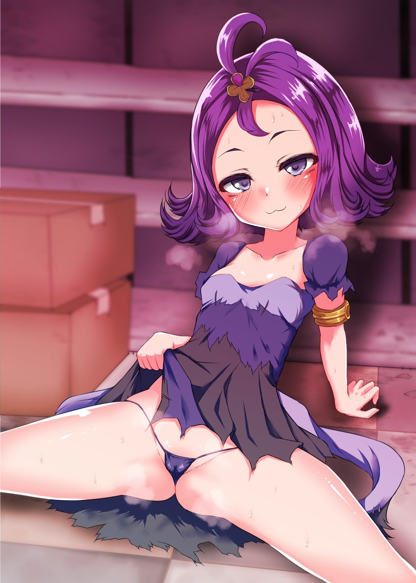 :3 acerola_(pokemon) ahoge armlet blush box cameltoe collarbone commentary_request dress dress_lift eku_(threshold) flat_chest flipped_hair groin hair_ornament half-closed_eyes highres looking_at_viewer panties pokemon pokemon_(game) pokemon_sm purple_eyes purple_hair purple_panties seductive_smile short_hair short_sleeves sitting skirt skirt_lift smile solo spread_legs string_panties sweat trial_captain underwear wavy_mouth