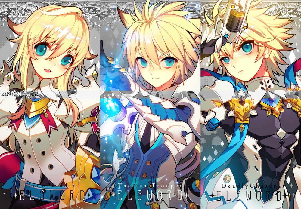 ahoge arm_up armor artist_name blonde_hair blue_eyes brown_hair cartridge character_name chung_seiker copyright_name deadly_chaser_(elsword) elsword gun hair_flaps hand_up holding holding_gun holding_weapon iron_paladin_(elsword) long_hair looking_at_viewer multicolored_hair multiple_boys multiple_persona otoko_no_ko pika_(kai9464) short_hair shoulder_armor streaked_hair tactical_trooper_(elsword) upper_body weapon