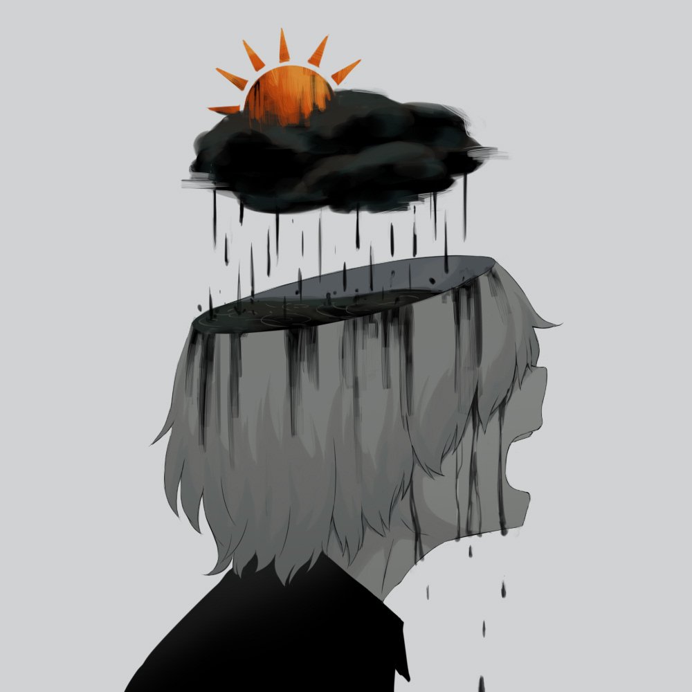androgynous avogado6 commentary crying dark_clouds from_side grey_background hair_over_eyes hole_in_head muted_color open_mouth original profile rain ripples short_hair simple_background sun surreal tears upper_body water water_drop