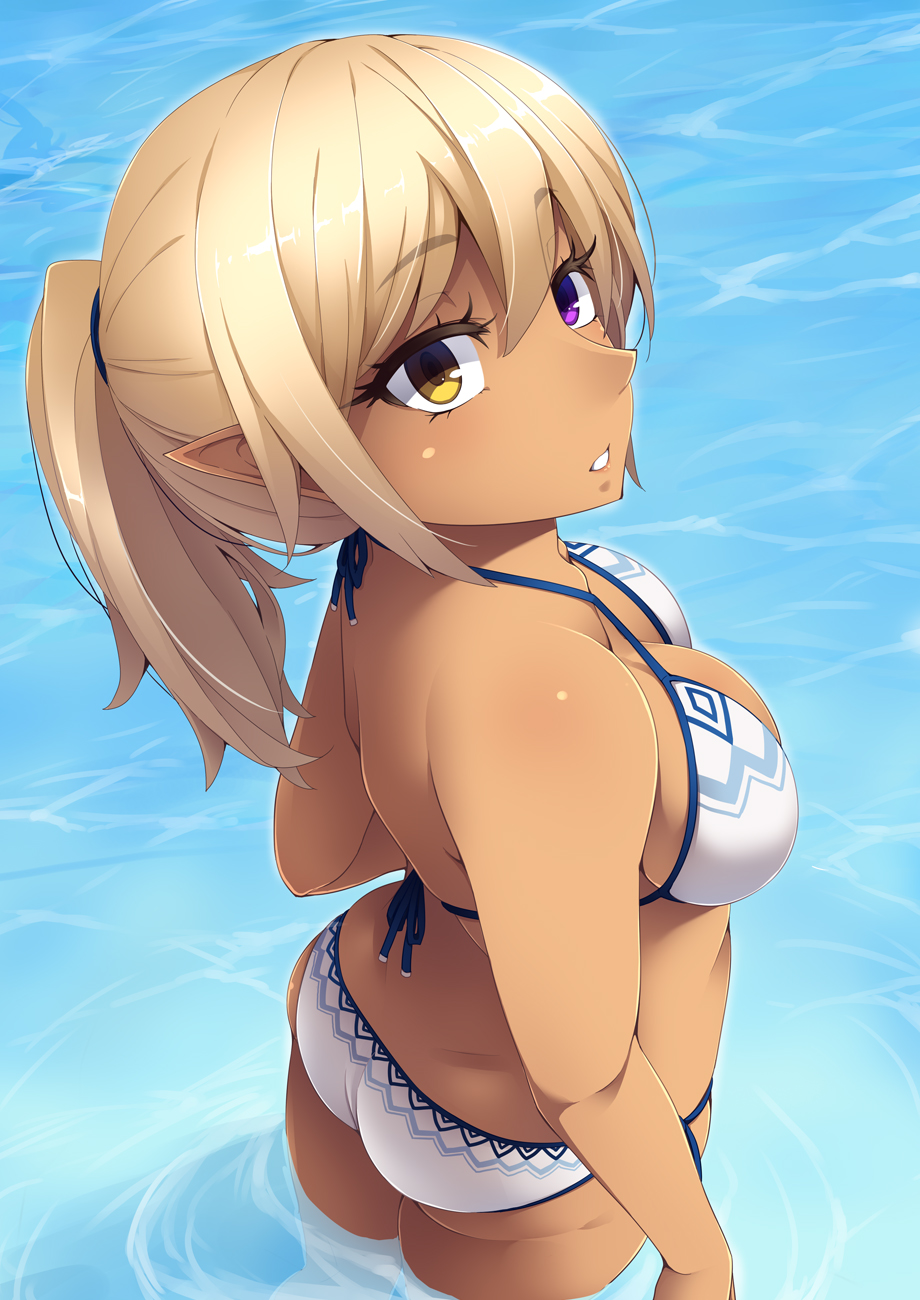 ass back bangs bare_shoulders bikini blonde_hair blush caustics commentary_request cowboy_shot dark_skin day dimples_of_venus expressionless eyebrows_visible_through_hair from_above from_side hair_between_eyes hayashi_custom heterochromia highres looking_at_viewer looking_up original parted_lips pointy_ears pointy_nose purple_eyes reflective_eyes ripples shiny shiny_hair shiny_skin short_hair short_ponytail sidelocks solo stomach string_bikini swimsuit thighs wading water white_bikini yellow_eyes