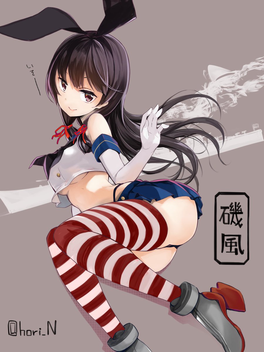 ass bare_shoulders black_hair black_panties breasts brown_eyes cosplay elbow_gloves gloves hair_ribbon high_heels highres isokaze_(kantai_collection) kantai_collection long_hair looking_at_viewer lying midriff nino_(shira) on_side panties pleated_skirt ribbon shimakaze_(kantai_collection) shimakaze_(kantai_collection)_(cosplay) skirt smile solo striped striped_legwear thighhighs thong underboob underwear white_background