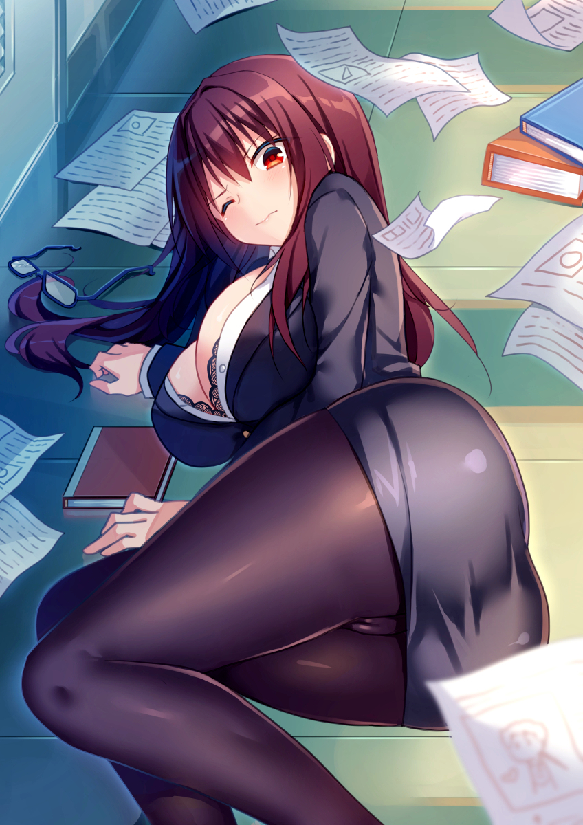 alternate_costume ass book breasts business_suit cameltoe cleavage commentary craytm dress_shirt english_commentary fate/grand_order fate_(series) formal glasses hair_intakes highres large_breasts long_hair miniskirt office_lady on_floor one_eye_closed pantyhose papers purple_hair red_eyes scathach_(fate)_(all) scathach_(fate/grand_order) shadow shirt skirt suit thighs tile_floor tiles unbuttoned very_long_hair