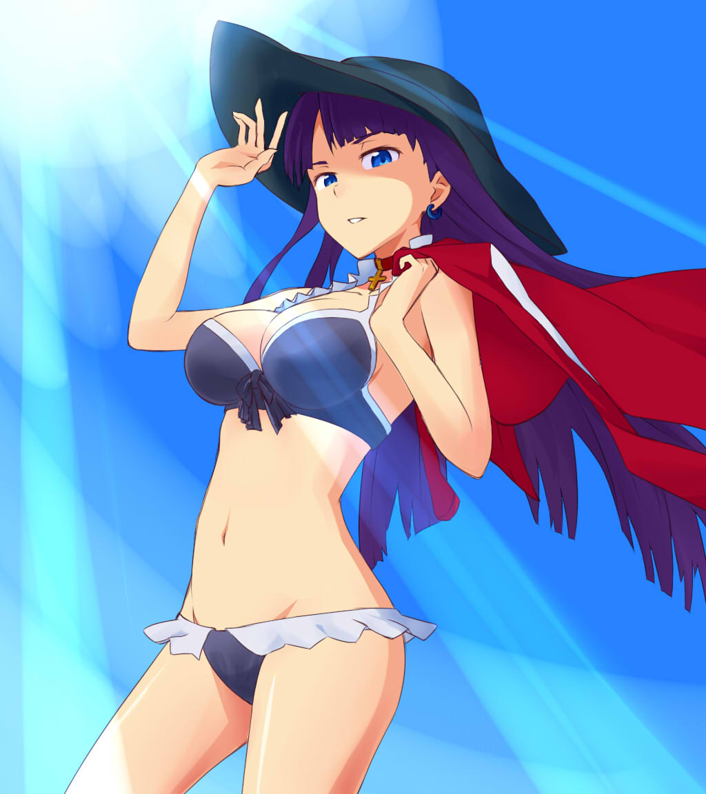 bangs bikini black_bikini black_hat blue_eyes blue_sky breasts cleavage collarbone cowboy_shot day earrings fate/grand_order fate_(series) floating_hair groin hat holding holding_jacket jack-barro jacket jacket_removed jewelry large_breasts long_hair navel necklace parted_lips purple_hair saint_martha saint_martha_(swimsuit_ruler)_(fate) sideboob sky solo standing sun sun_hat sunlight swimsuit very_long_hair