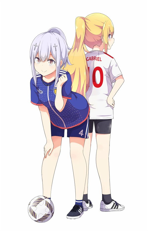 alternate_hairstyle ball bike_shorts black_legwear blonde_hair blue_legwear character_name clothes_writing commentary_request cross_hair_ornament from_behind full_body gabriel_dropout gym_shorts hair_ornament hand_on_hip hand_on_own_knee lavender_hair long_hair looking_back multiple_girls ponytail profile purple_eyes shiraha_raphiel_ainsworth shoes shorts simple_background sneakers soccer_ball soccer_uniform socks sportswear standing tenma_gabriel_white ukami white_background yellow_eyes