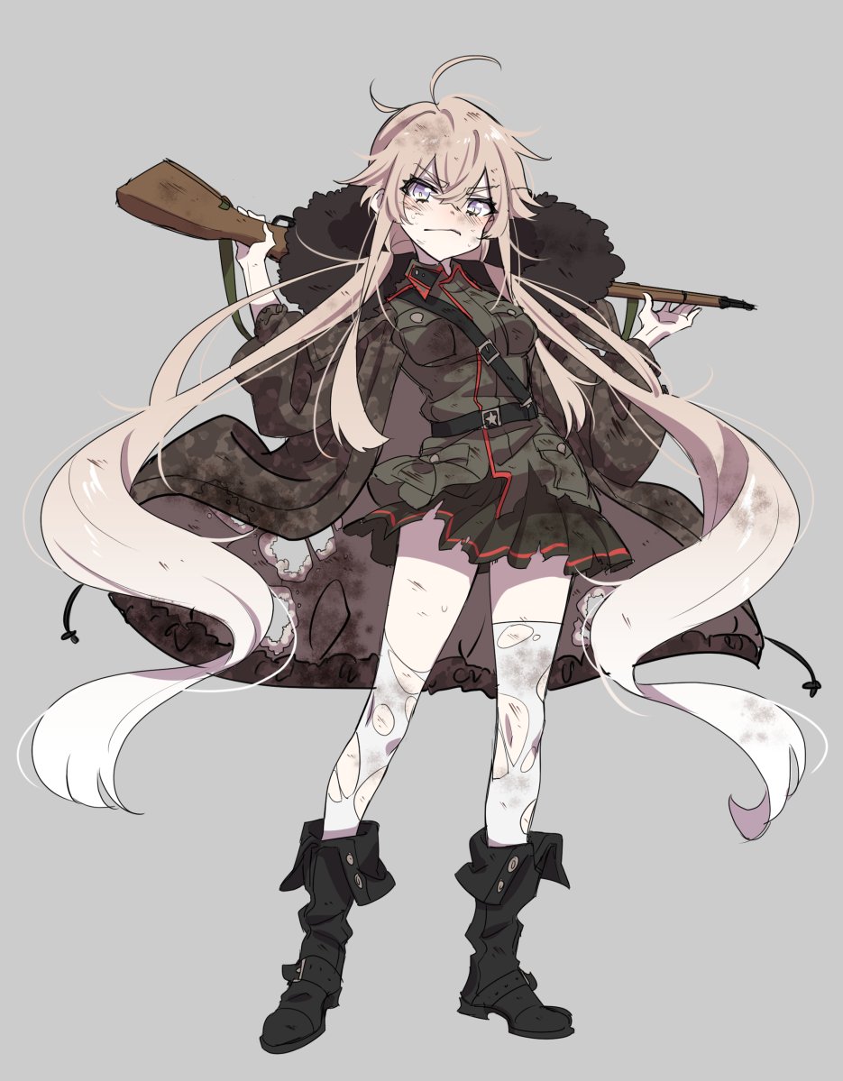 ahoge belt black_footwear blonde_hair blue_eyes blush boots closed_mouth contrapposto eyebrows_visible_through_hair frown fur_trim gradient_hair green_jacket green_skirt grey_background grin gun holding holding_gun holding_weapon jacket long_hair military military_uniform multicolored_hair original rifle simple_background skirt smile solo standing thighhighs torn_clothes torn_legwear uniform very_long_hair weapon westxost_(68monkey) white_legwear wing_collar