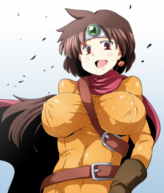 :d belt belt_buckle blush breasts brown_belt brown_eyes brown_gloves brown_hair buckle cape dragon_quest dragon_quest_iii earrings gem gloves gradient gradient_background jewelry large_breasts long_hair looking_at_viewer mitre open_mouth red_cape roto slime_(dragon_quest) smile solo sugiura