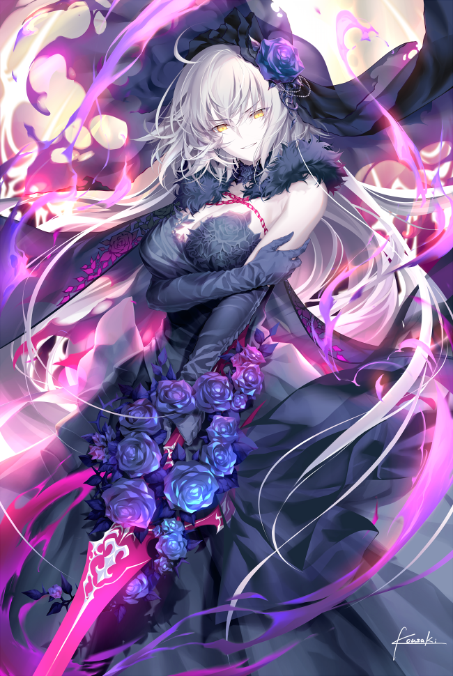 ahoge alternate_hair_length alternate_hairstyle bangs black_dress black_gloves breasts cape commentary_request detached_collar dress elbow_gloves eyebrows_visible_through_hair fate/grand_order fate_(series) floral_print flower fur-trimmed_cape fur_collar fur_trim gloves half-closed_eyes holding holding_own_arm holding_sword holding_weapon jeanne_d'arc_(alter)_(fate) jeanne_d'arc_(fate)_(all) kousaki_rui large_breasts long_hair looking_at_viewer pale_skin purple_flower purple_rose rose signature silver_hair smile solo strapless strapless_dress sword very_long_hair weapon yellow_eyes