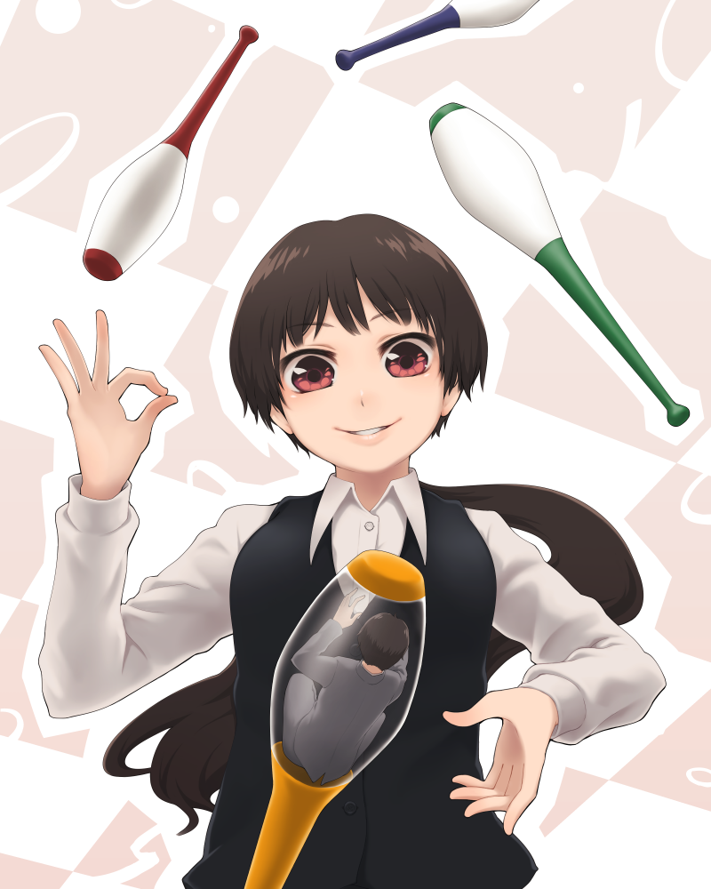 1girl black_vest breasts collared_shirt commentary eyebrows_visible_through_hair hand_up juggling juggling_club long_hair long_sleeves miniboy ok_sign original otedama parted_lips ponytail red_eyes shirt smile solo_focus symbolism vest white_shirt wing_collar yajirushi_(chanoma)