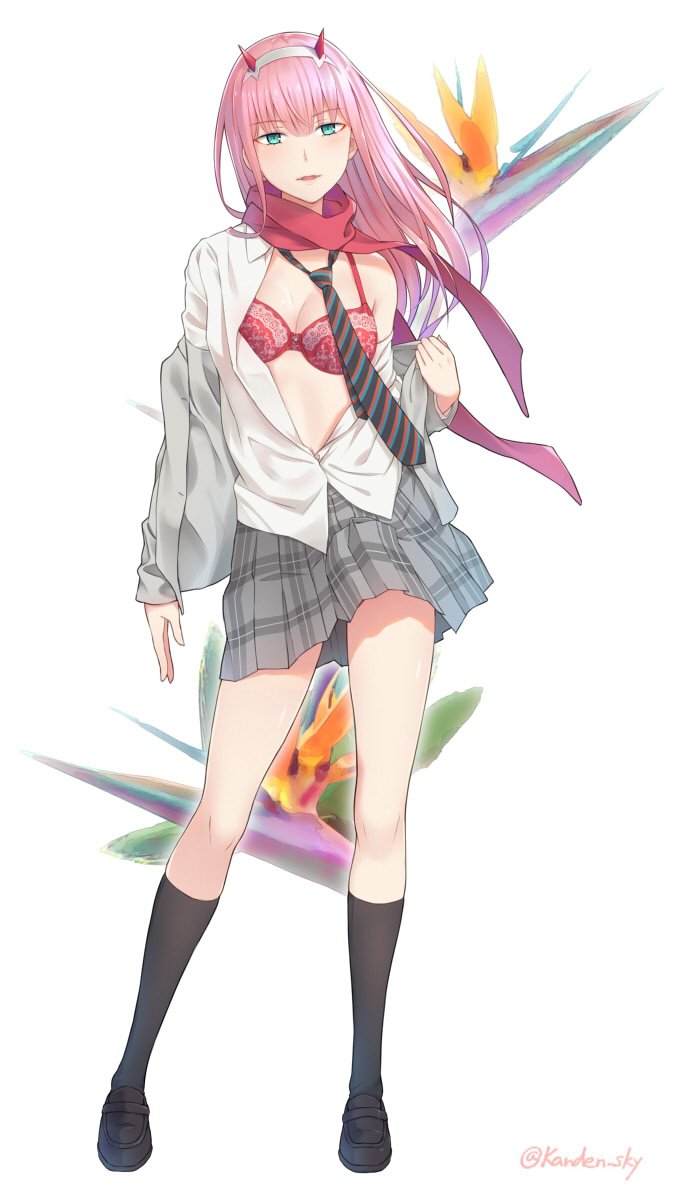 bird_of_paradise black_footwear black_legwear black_neckwear blue_eyes bra commentary_request contrapposto darling_in_the_franxx diagonal-striped_neckwear flower full_body grey_jacket grey_skirt hairband highres horns jacket kanden_suki loafers long_hair looking_at_viewer necktie open_clothes open_shirt parted_lips pink_hair red_bra red_scarf scarf shirt shoes skirt smile socks solo standing twitter_username underwear undressing white_shirt zero_two_(darling_in_the_franxx)