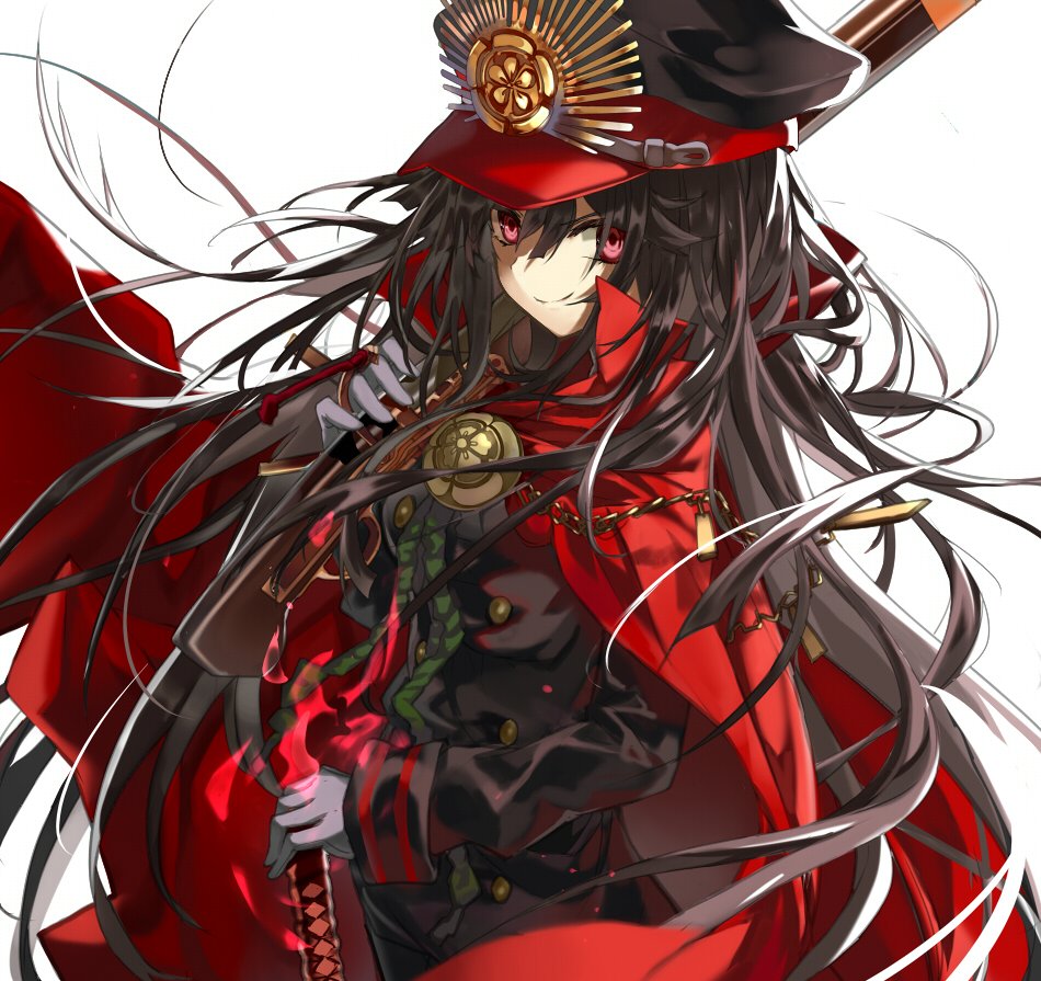 black_hair black_hat black_jacket cape chain commentary_request double-breasted family_crest fate/grand_order fate_(series) gloves gun hat holding holding_gun holding_sword holding_weapon jacket long_hair military military_hat military_uniform oda_nobunaga_(fate) peaked_cap red_cape red_eyes shino_(eefy) smile solo sword uniform weapon white_gloves
