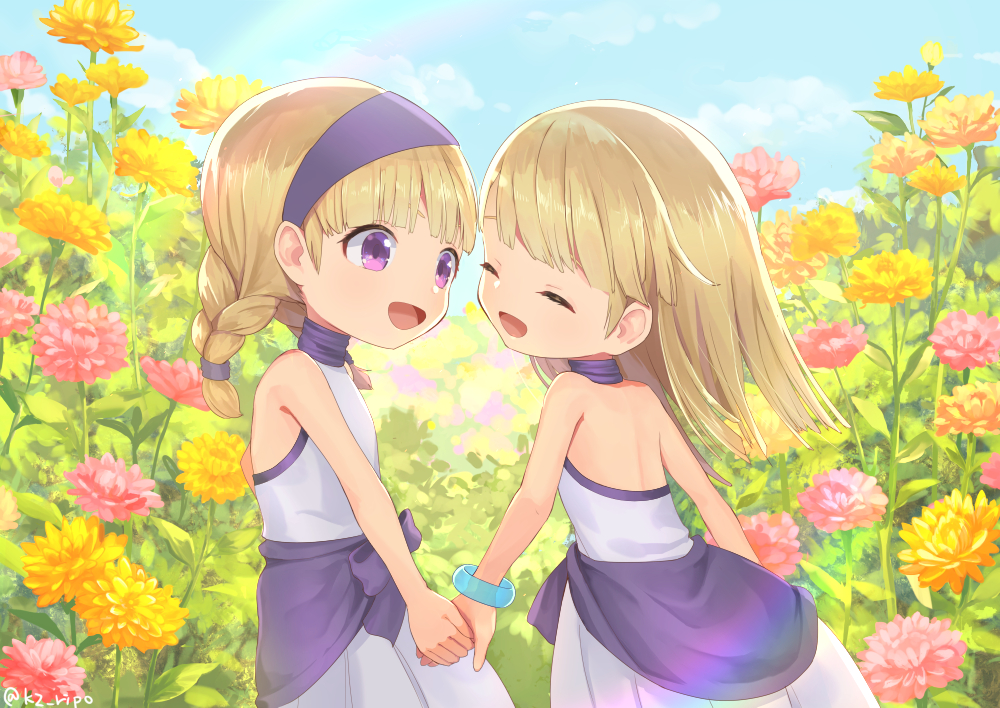 :d bangs bare_arms bare_shoulders blonde_hair blue_sky blunt_bangs bracelet braid choker cloud day dragon_quest dragon_quest_xi dress flower jewelry kz_ripo looking_at_another multiple_girls open_mouth outdoors pink_flower purple_choker purple_eyes rainbow senya_(dq11) siblings sisters sky smile straight_hair twin_braids twins twitter_username veronica_(dq11) white_dress yellow_flower