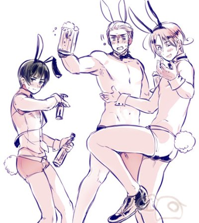;d ahoge animal_ears armpit_hair axis_powers_hetalia bare_chest bow bowtie bunny_boy bunny_ears bunny_tail bunnysuit detached_collar fake_animal_ears germany_(hetalia) himaruya_hidekazu japan_(hetalia) looking_at_viewer lowres male_focus multiple_boys northern_italy_(hetalia) official_art one_eye_closed open_mouth outstretched_hand sepia shirtless short_shorts shorts smile tail waistcoat wrist_cuffs