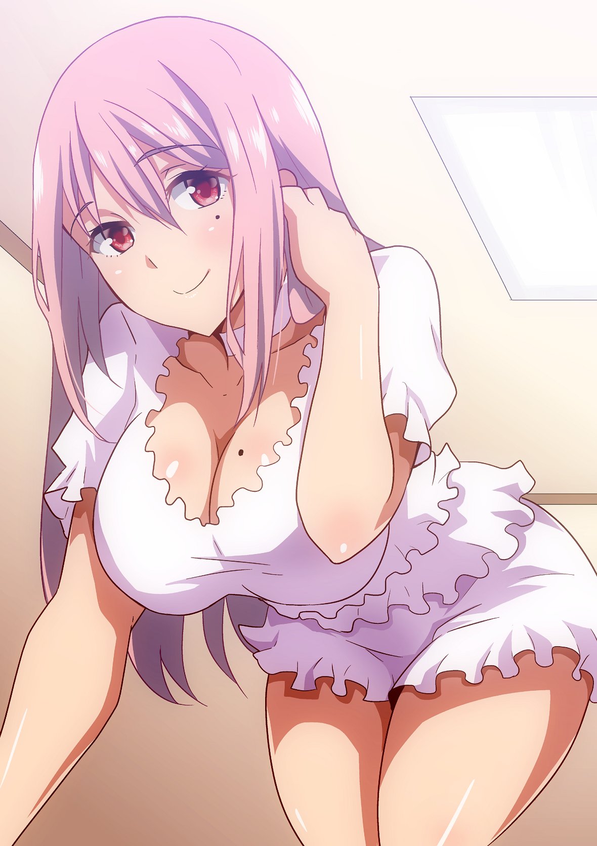 adjusting_hair blush breasts choker cleavage closed_mouth collarbone commentary_request dress eyebrows_visible_through_hair frilled_dress frills hair_between_eyes hera_(hara0742) highres indoors large_breasts long_hair looking_at_viewer mole mole_on_breast mole_under_eye original pink_eyes pink_hair puffy_short_sleeves puffy_sleeves short_sleeves smile white_choker white_dress