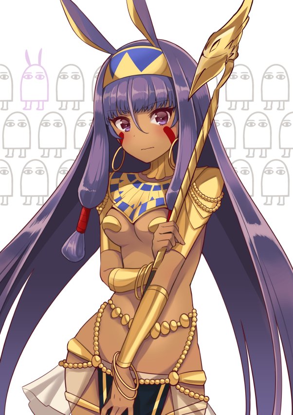 animal_ears blush breasts cleavage commentary contrapposto covering covering_crotch facial_mark fate/grand_order fate_(series) jackal_ears long_hair medium_breasts medjed nitocris_(fate/grand_order) purple_eyes purple_hair quro_(black_river) sidelocks solo staff standing tan usekh_collar very_long_hair wavy_mouth white_background