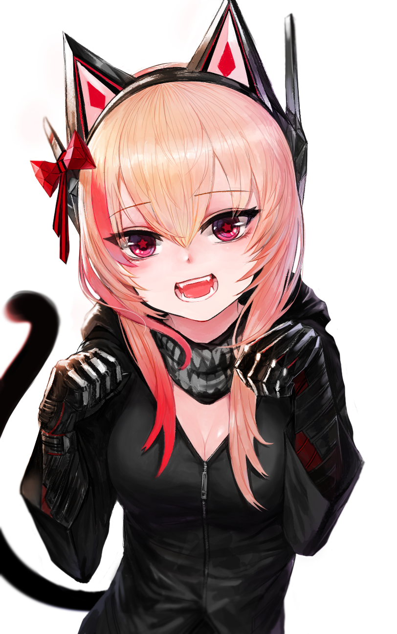 alternate_headgear bangs black_jacket breasts cat_ear_headphones cat_tail cleavage commentary_request dokomon eyebrows_visible_through_hair eyes_visible_through_hair fangs girls_frontline hair_between_eyes hair_ornament headgear headphones highres hood hooded_jacket jacket korean_commentary m4_sopmod_ii_(girls_frontline) multicolored_hair open_mouth paw_pose pink_hair prosthesis prosthetic_arm red_eyes red_hair simple_background solo star star-shaped_pupils streaked_hair symbol-shaped_pupils tail white_background zipper