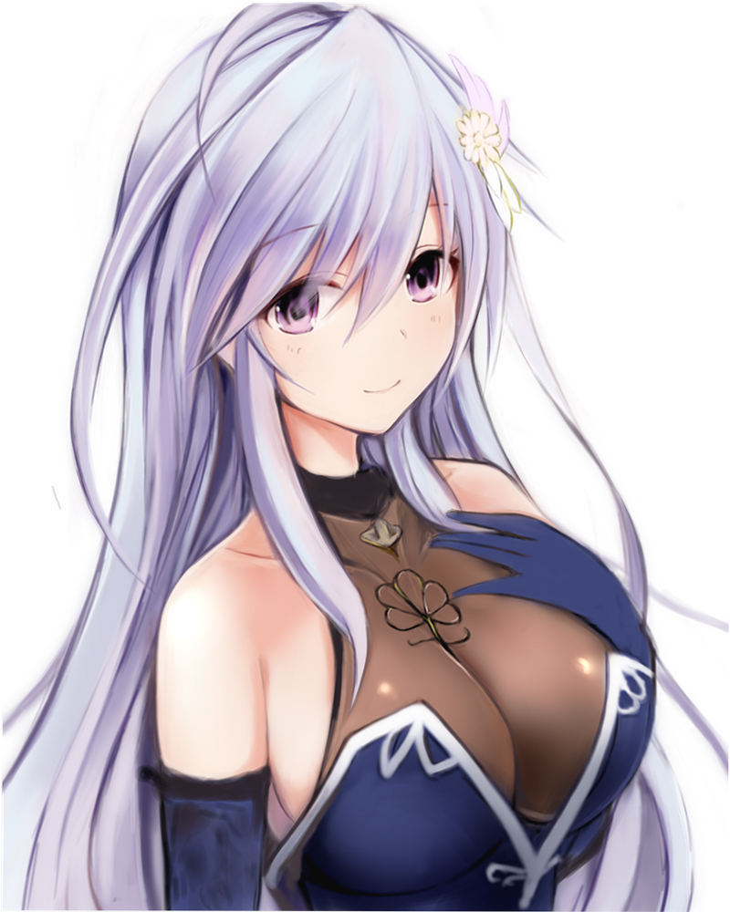 bangs blue_gloves breasts character_request cleavage collarbone elbow_gloves eyebrows_visible_through_hair formal gloves hair_ornament large_breasts long_hair looking_at_viewer nannacy7 purple_eyes see-through shiny shiny_clothes silver_hair smile solo standing upper_body very_long_hair white_background