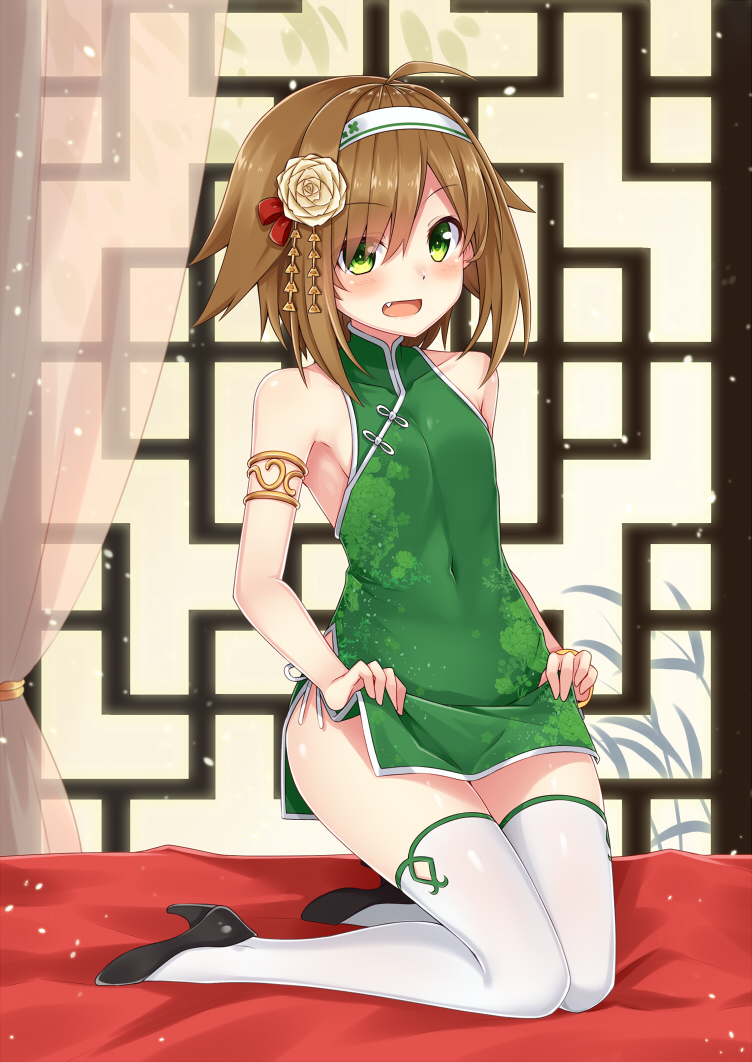 armlet blush brown_hair china_dress chinese_clothes dress dress_lift eyebrows_visible_through_hair flower green_eyes hair_flower hair_ornament hairband haru_(komori_kuzuya) high_heels kneeling komori_kuzuyu lifted_by_self looking_at_viewer original short_dress short_hair sleeveless solo thighhighs white_legwear