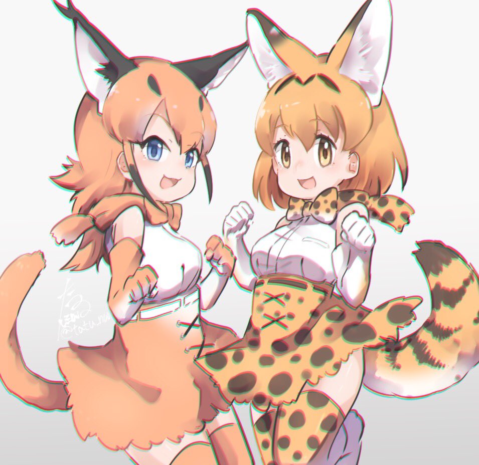 :3 animal_ears belt black_hair blonde_hair blue_eyes bow bowtie caracal_(kemono_friends) caracal_ears caracal_tail chromatic_aberration commentary_request elbow_gloves eyebrows_visible_through_hair gloves high-waist_skirt jumping kemono_friends light_brown_hair multicolored_hair multiple_girls open_mouth partial_commentary serval_(kemono_friends) serval_ears serval_print serval_tail short_hair signature skirt sleeveless tail tatsuno_newo thighhighs yellow_eyes