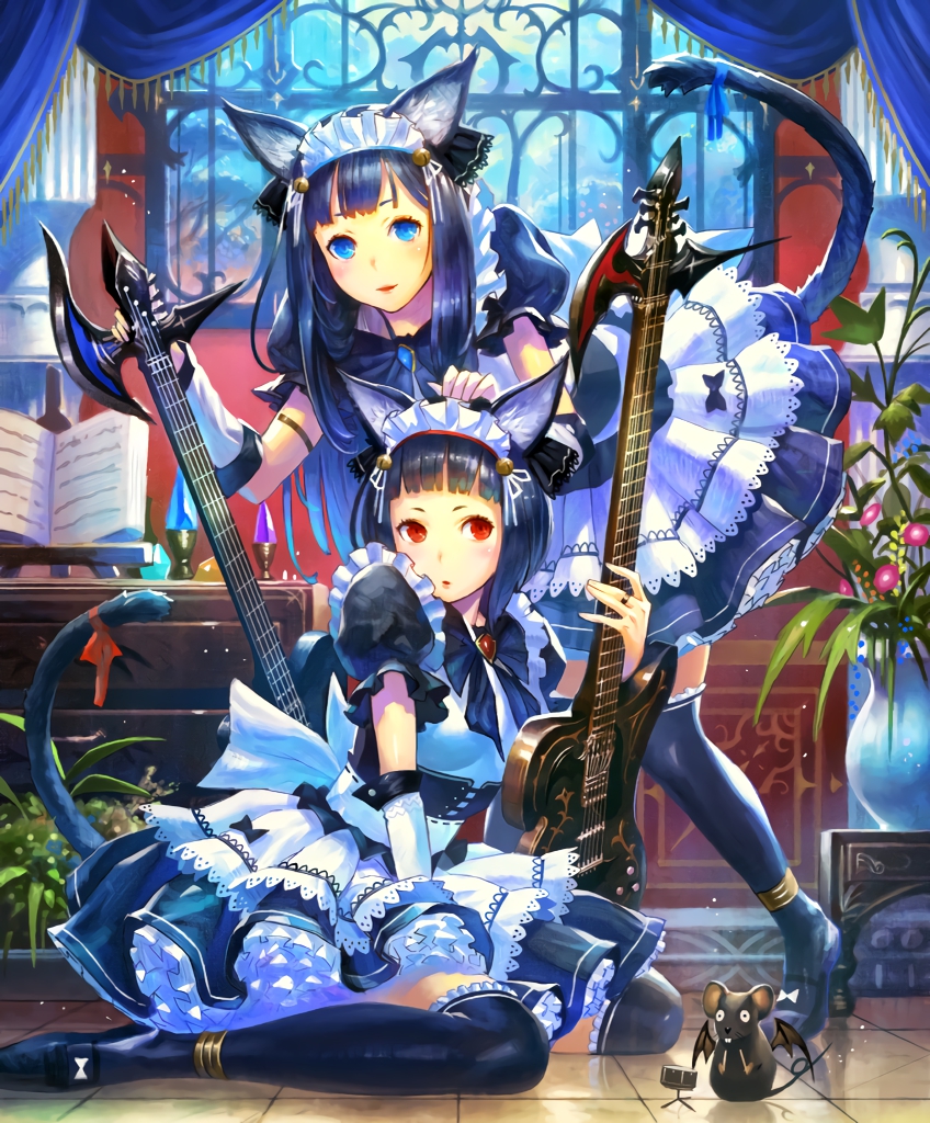 2girls animal_ears anklet apron artist_request aza_&amp;_iza_feline_maids bell black_hair blue_eyes book cat_ears cat_tail corset cygames drawer electric_guitar expressionless flower frills guitar holding holding_instrument instrument jewelry leaning_forward maid maid_apron maid_headdress mouse multiple_girls official_art red_eyes ribbon shadowverse sitting smile tail tail_ribbon thighhighs vase