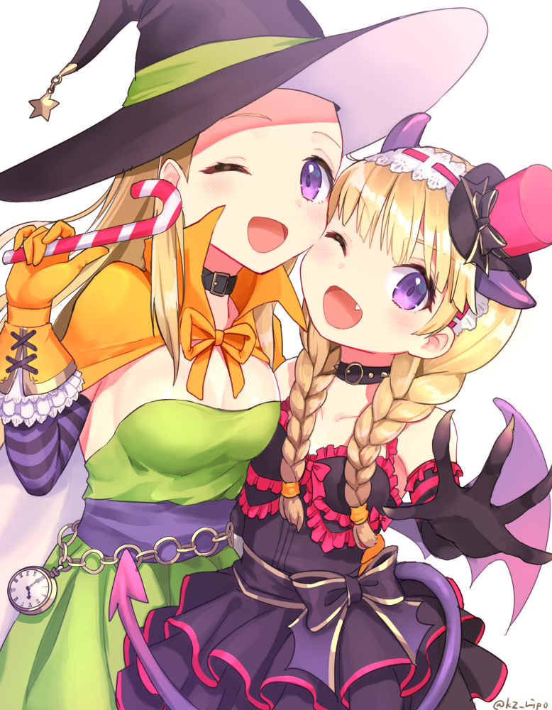 ;d bangs black_choker black_dress black_gloves blonde_hair blush bow braid breasts candy candy_cane cape choker cleavage clock collarbone demon_horns demon_wings dragon_quest dragon_quest_xi dress elbow_gloves eyebrows_visible_through_hair fake_horns fang food gloves green_dress hairband halloween halloween_costume hat hat_bow horns kz_ripo medium_breasts mini_hat mini_top_hat multiple_girls one_eye_closed open_mouth orange_cape orange_gloves orange_ribbon purple_eyes purple_wings ribbon sash senya_(dq11) siblings simple_background sisters smile star straight_hair tilted_headwear top_hat twin_braids twitter_username veronica_(dq11) white_background wings witch_hat